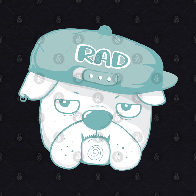 Funny Grumpy face bulldog wears RAD baseball cap, cute doodle cartoon by Janatshie